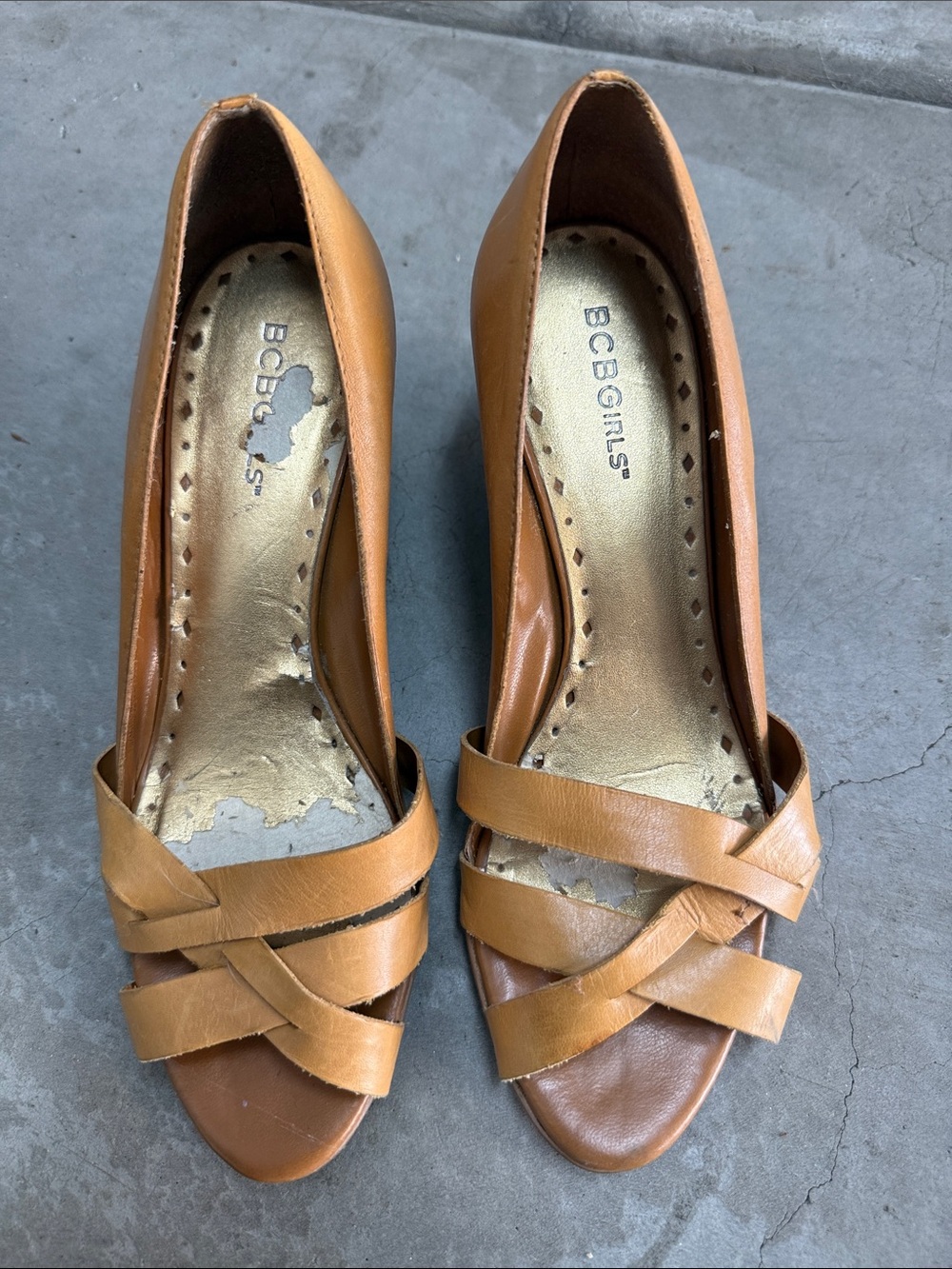 BCBGirls Tan Crisscross Peep-Toe Heels
